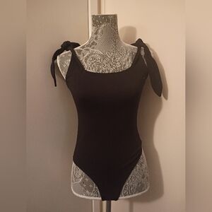 Kit and Sky Black Stretch Bodysuit Snap Closure Thong Tie Shoulder Many looks S
